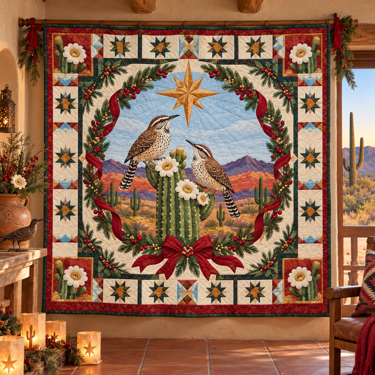 Sonoran Wren Song Christmas Star TD271026013 Quilt Blanket — hanging mockup