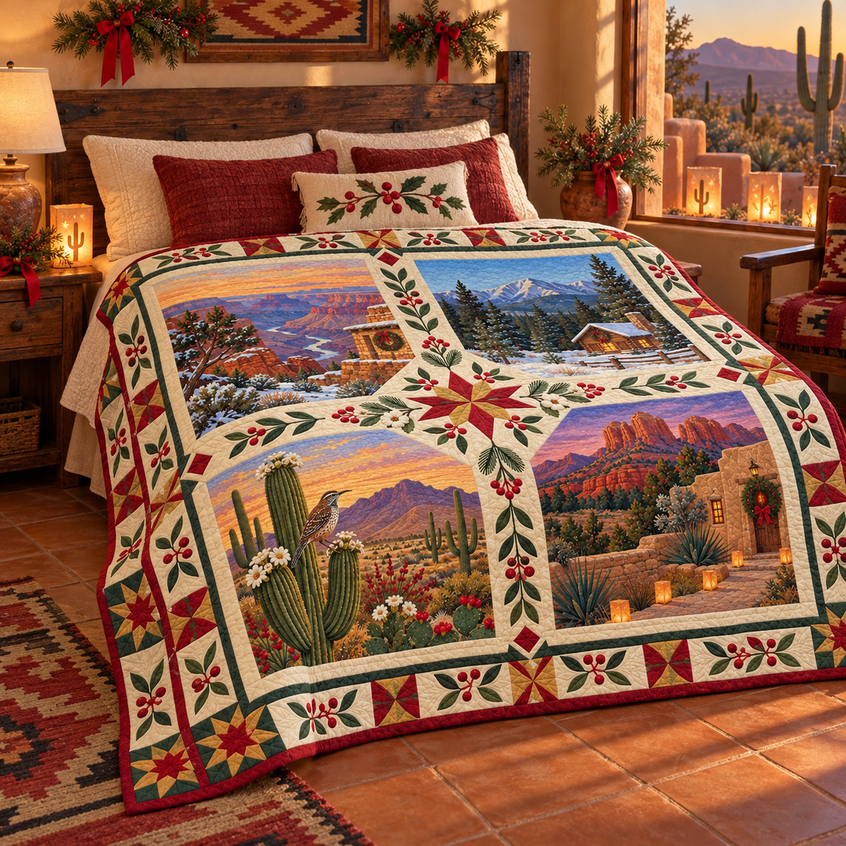 Arizona Christmas Windows TD271026015 Quilt Blanket — bed mockup
