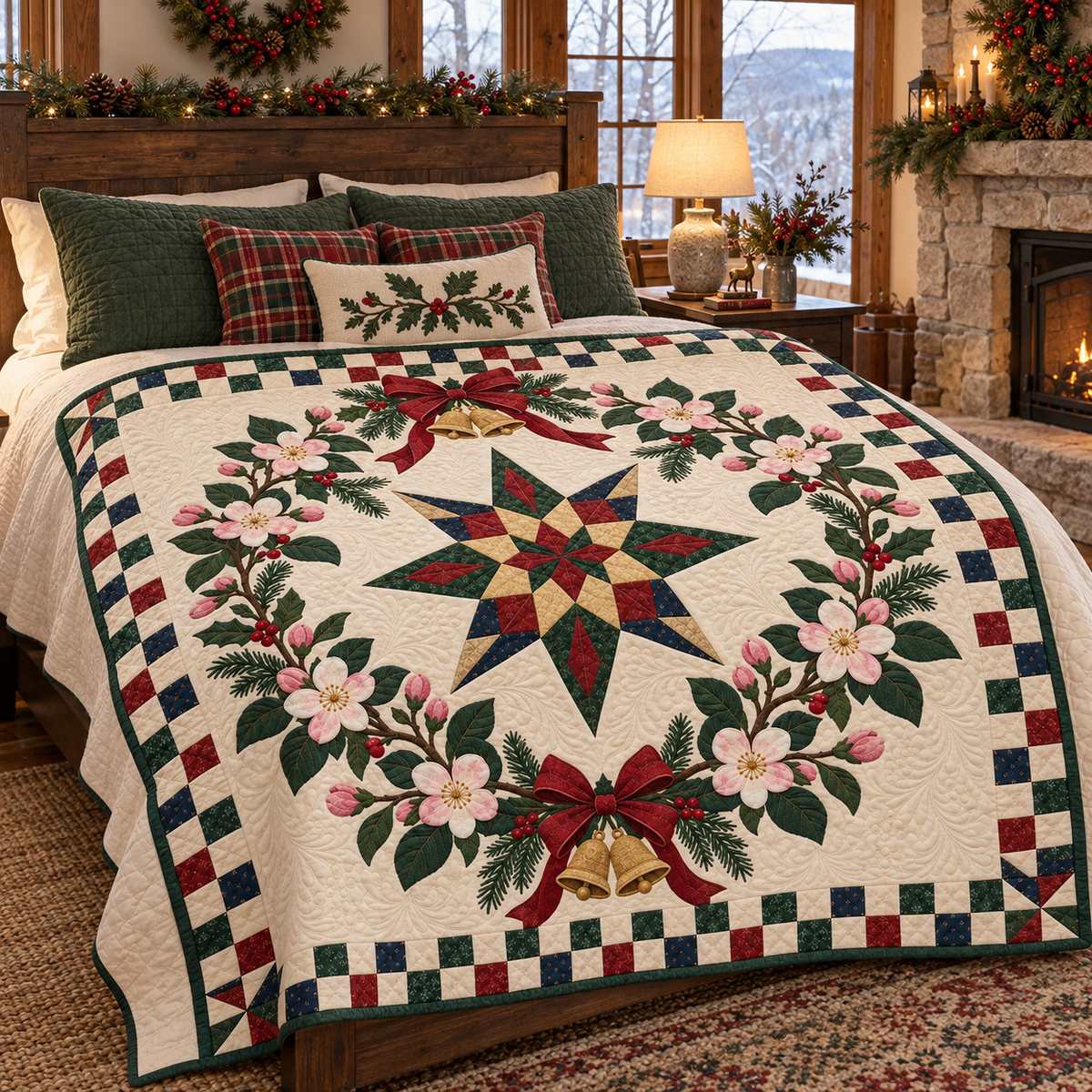 Apple blossom Christmas Wreath TD271026017 Quilt Blanket — bed mockup