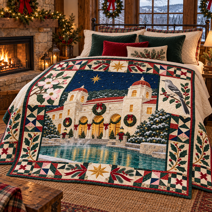 Bathhouse Arches Christmas Homecoming TD271026019 Quilt Blanket — bed mockup