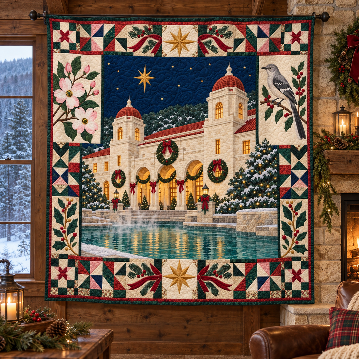Bathhouse Arches Christmas Homecoming TD271026019 Quilt Blanket — hanging mockup