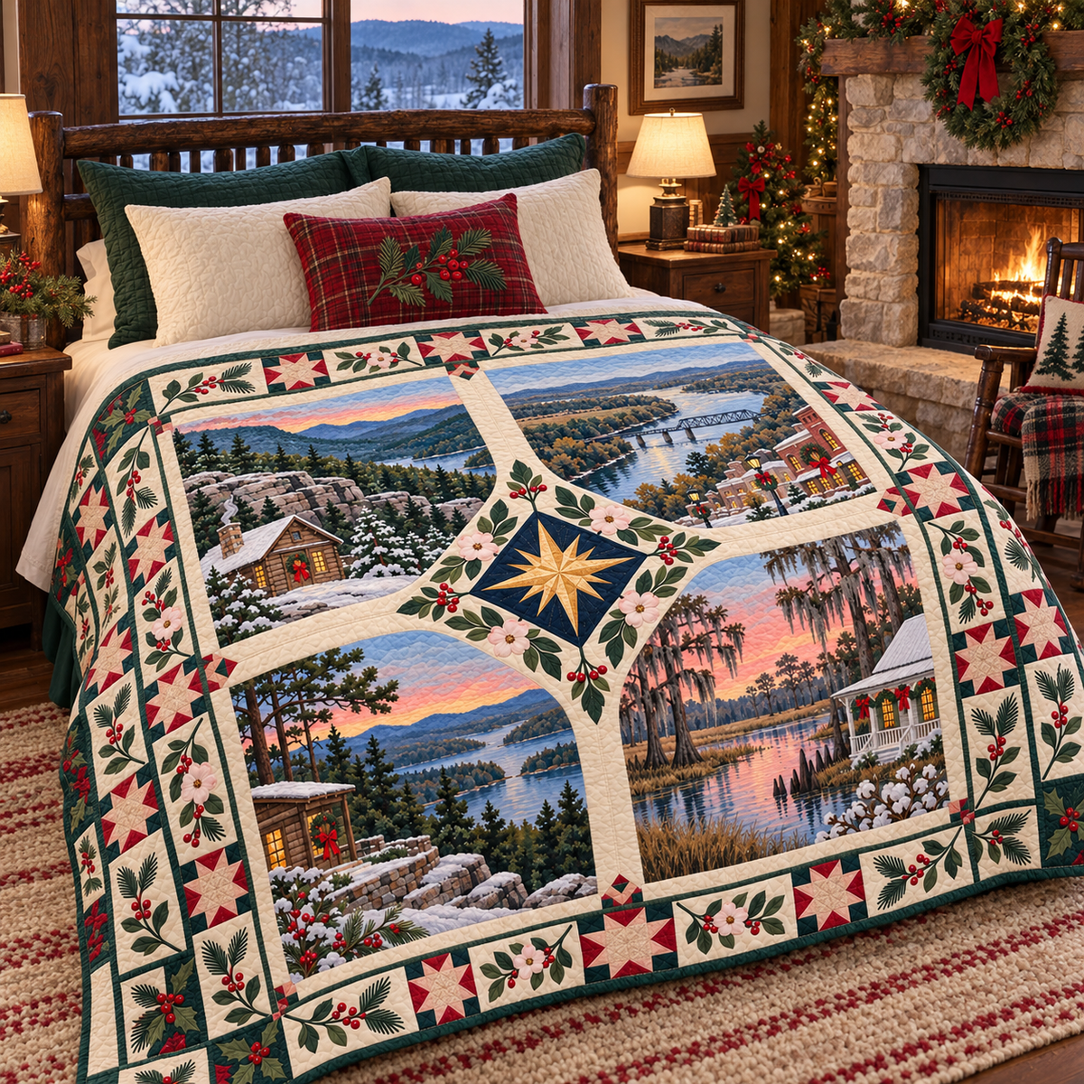 Arkansas Christmas Windows TD271026020 Quilt Blanket — bed mockup