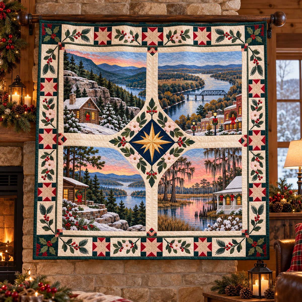 Arkansas Christmas Windows TD271026020 Quilt Blanket — hanging mockup