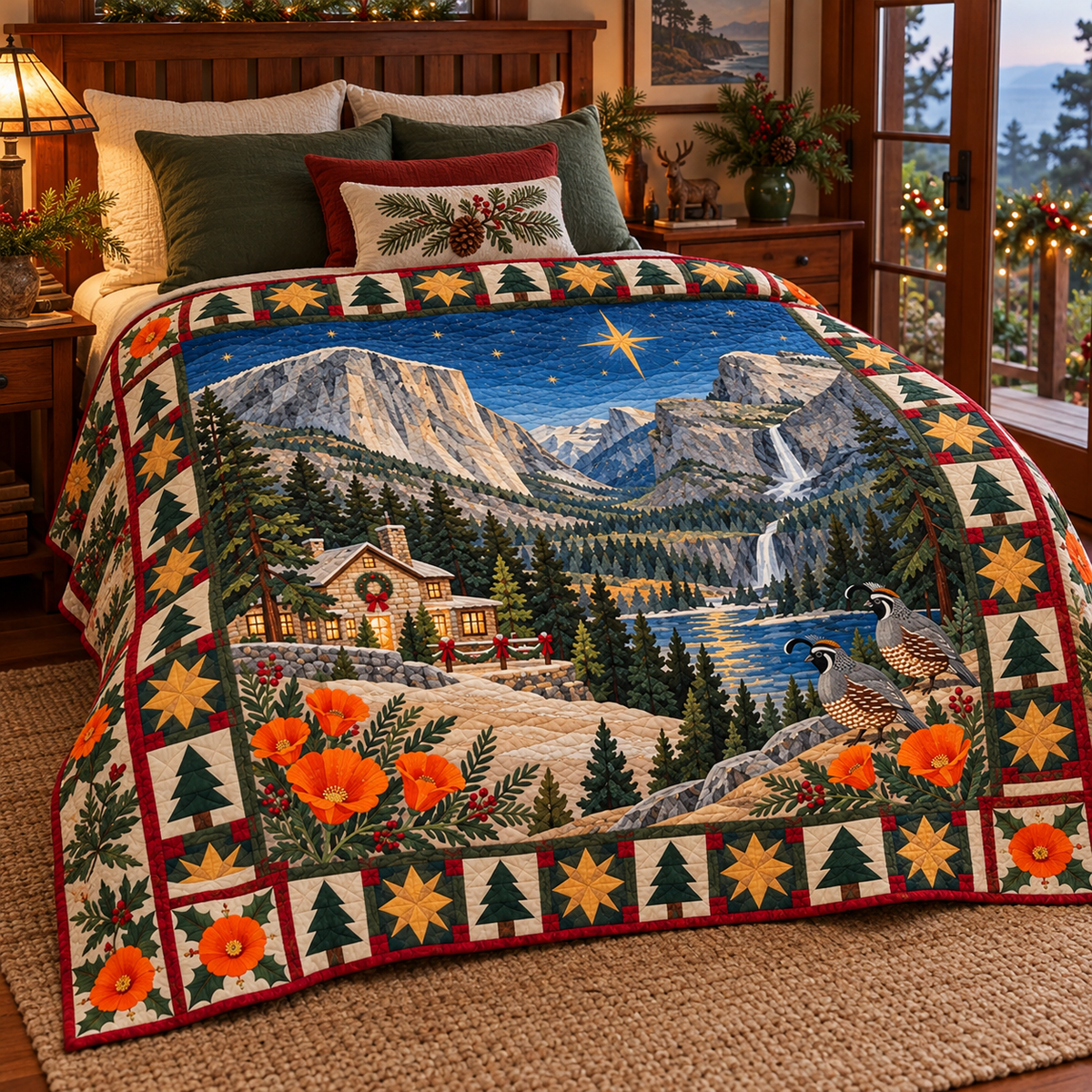Granite and Golden Poppy Christmas Eve TD271026021 Quilt Blanket — bed mockup