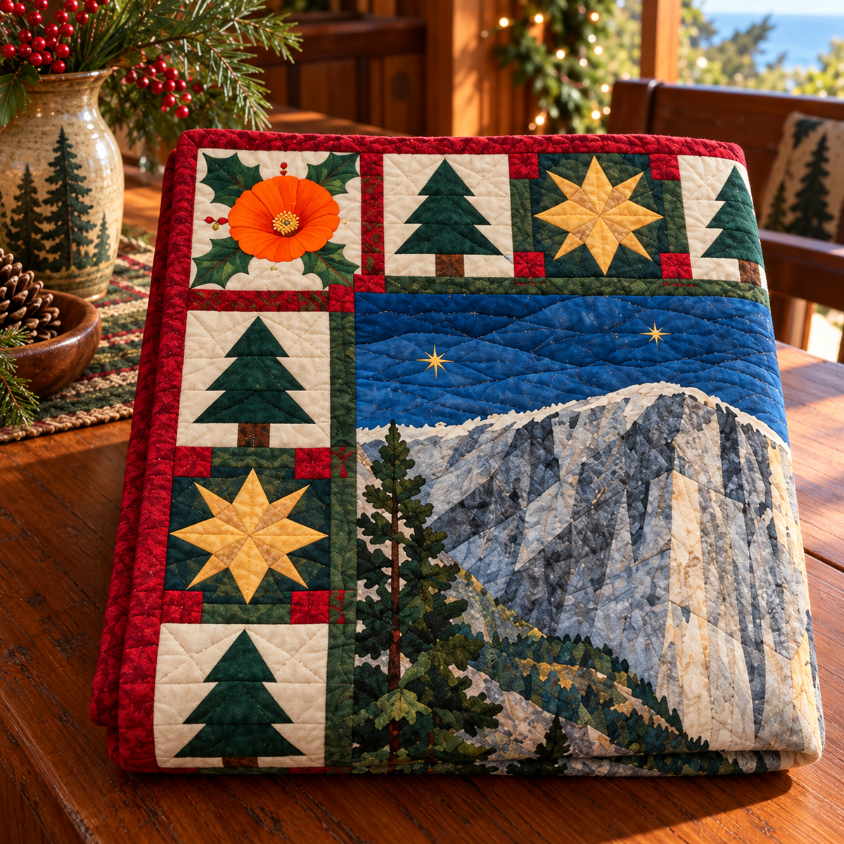 Granite and Golden Poppy Christmas Eve TD271026021 Quilt Blanket — folded mockup
