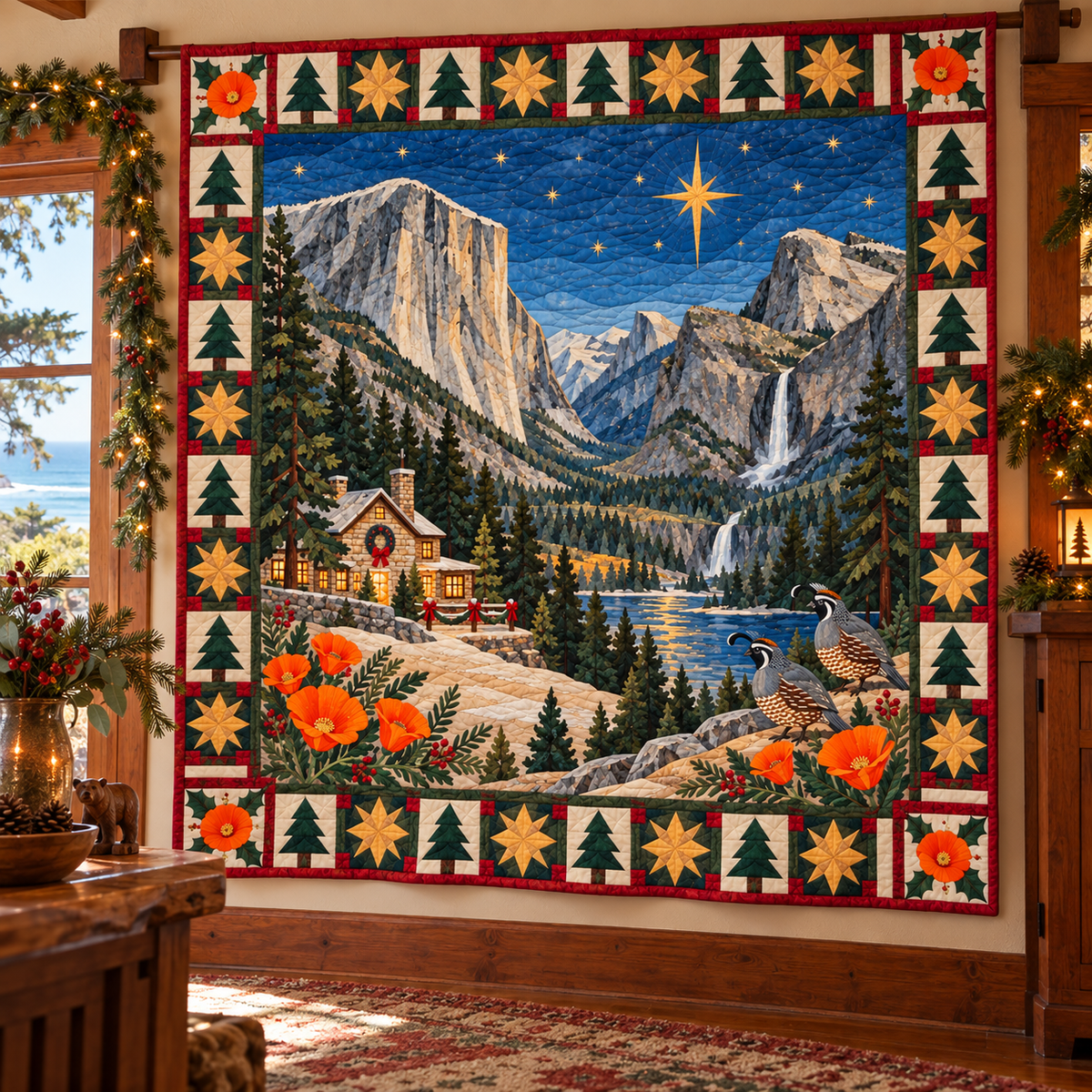Granite and Golden Poppy Christmas Eve TD271026021 Quilt Blanket — hanging mockup