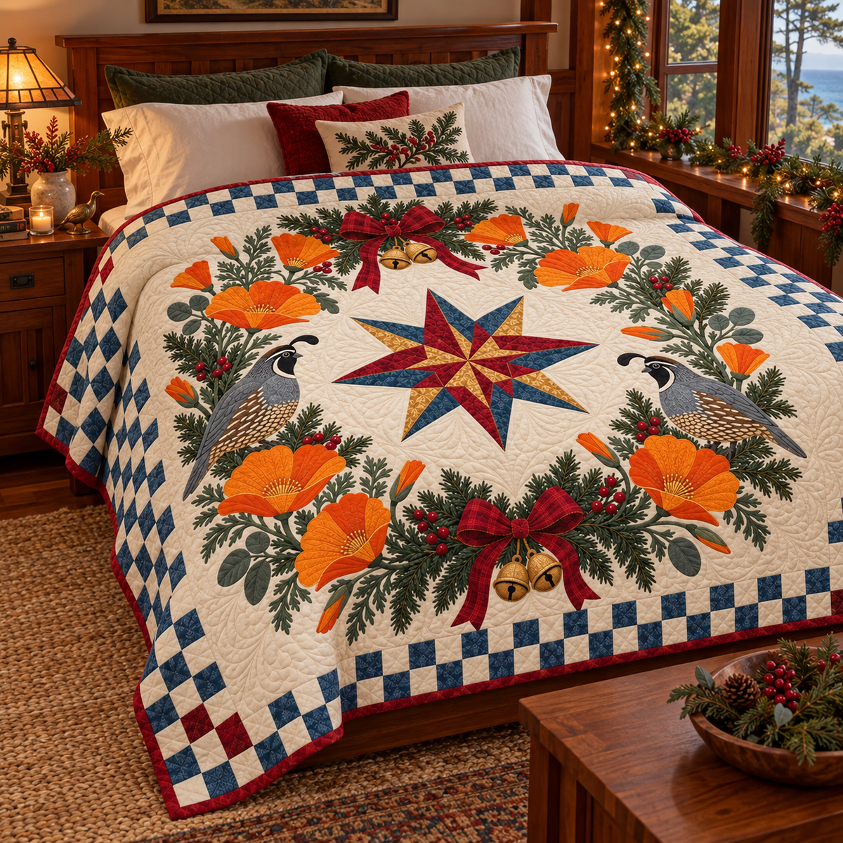 California poppy Christmas Wreath TD271026022 Quilt Blanket — bed mockup