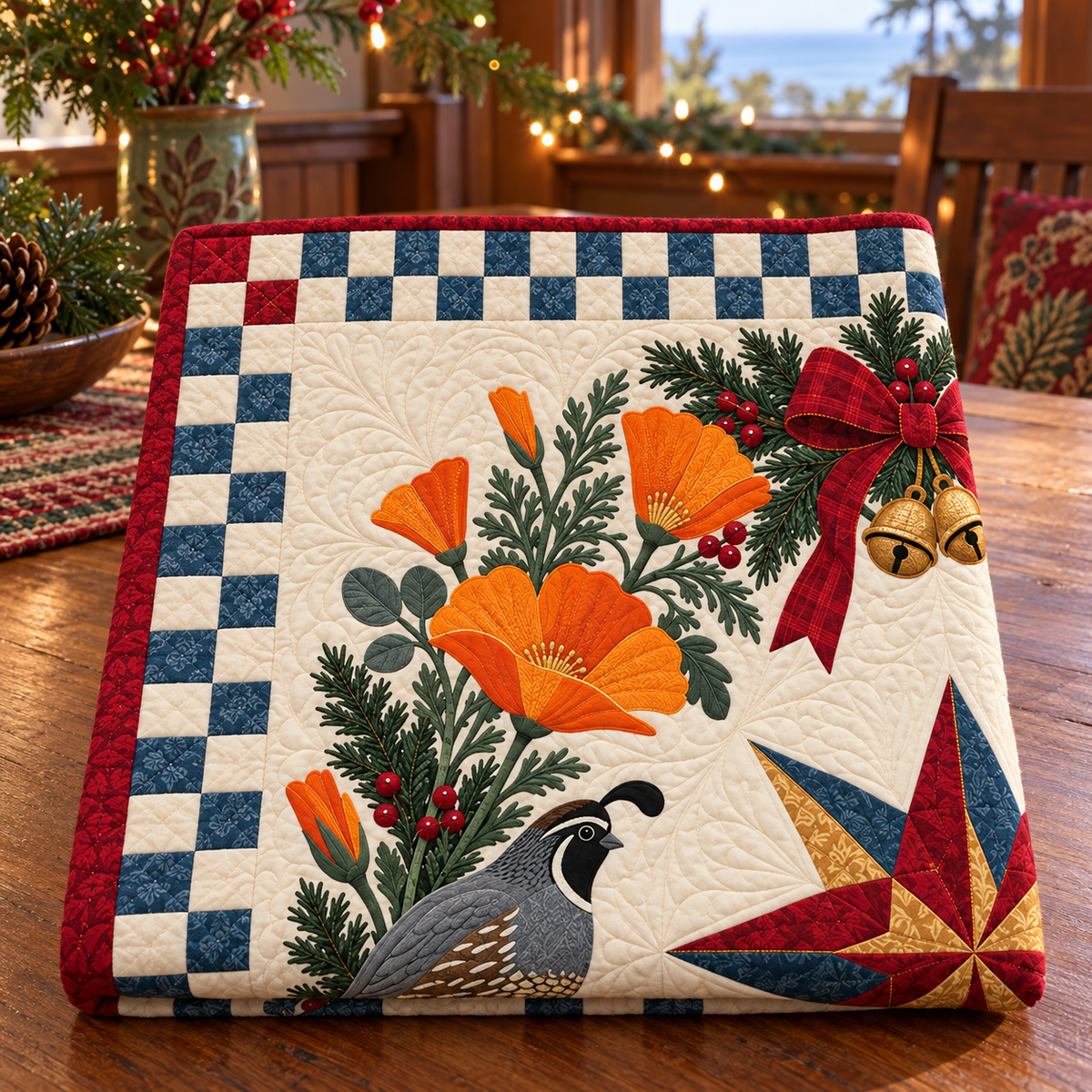 California poppy Christmas Wreath TD271026022 Quilt Blanket — folded mockup