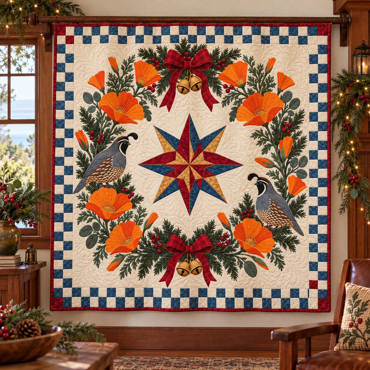 California poppy Christmas Wreath TD271026022 Quilt Blanket — hanging mockup