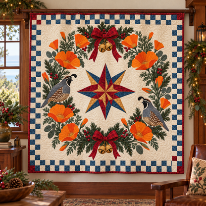 California poppy Christmas Wreath TD271026022 Quilt Blanket — hanging mockup