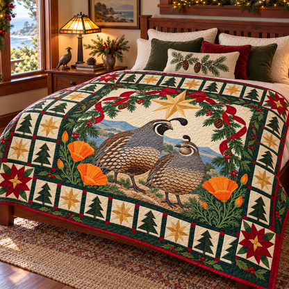 Quail in the Golden Christmas Star TD271026023 Quilt Blanket — bed mockup