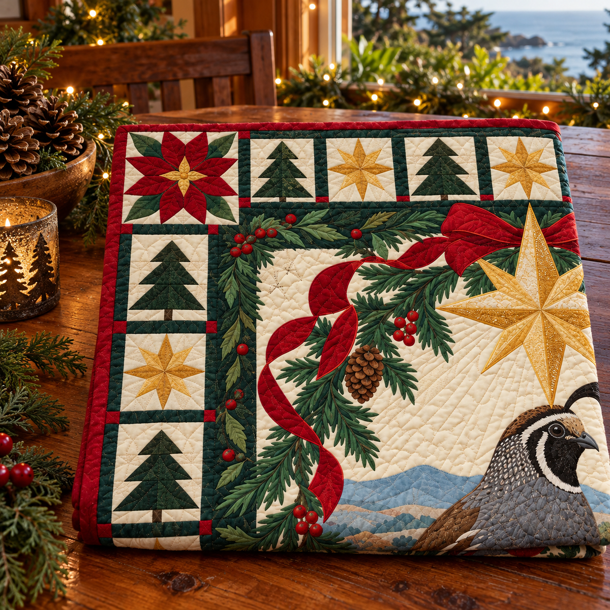 Quail in the Golden Christmas Star TD271026023 Quilt Blanket — folded mockup