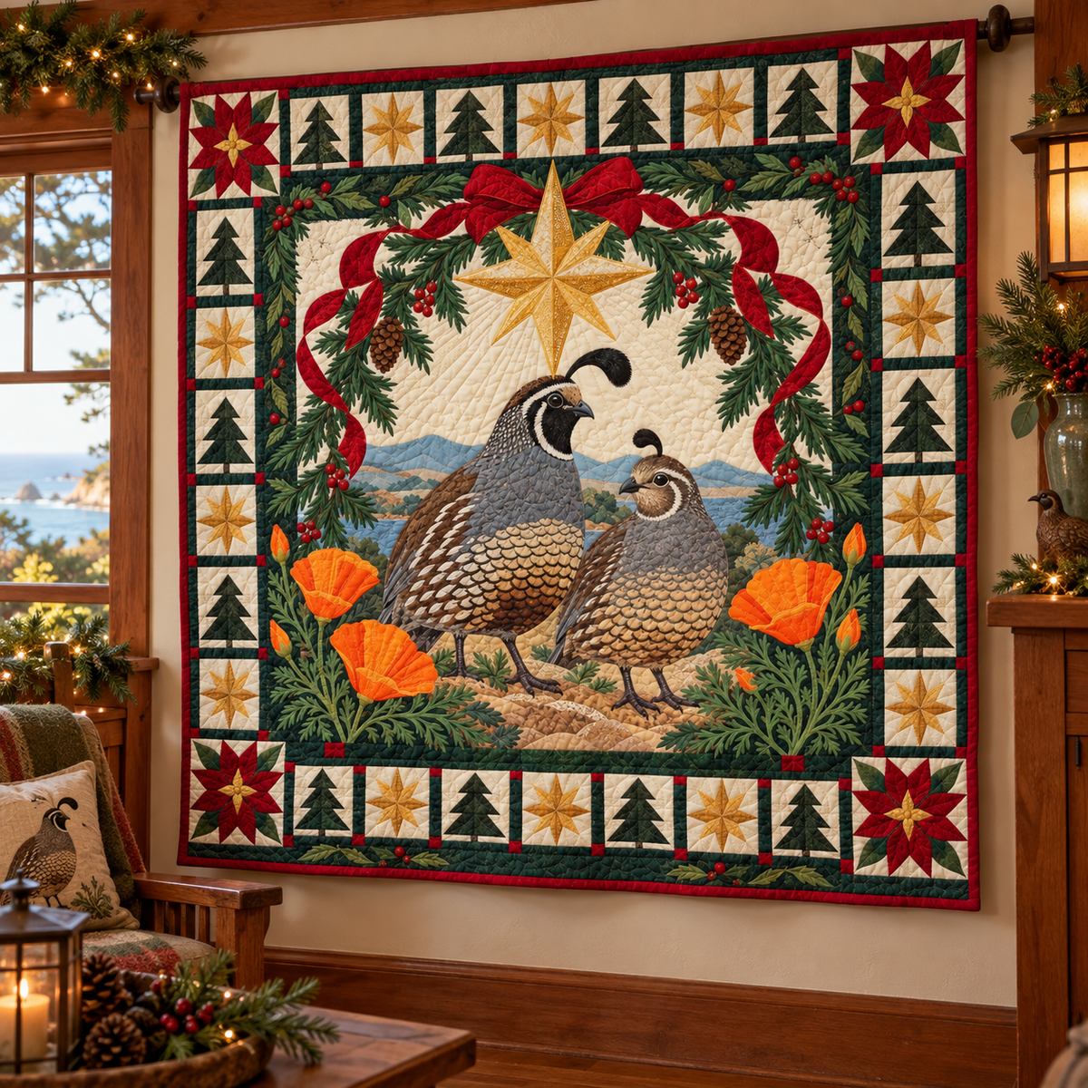 Quail in the Golden Christmas Star TD271026023 Quilt Blanket — hanging mockup