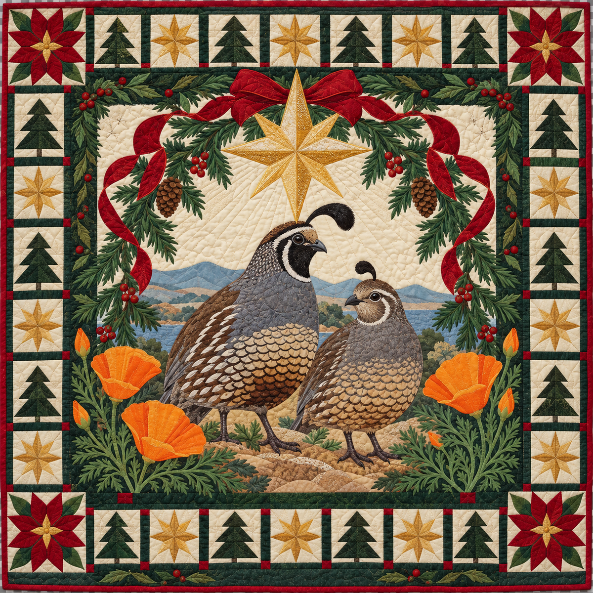 Quail in the Golden Christmas Star TD271026023 Quilt Blanket — original design