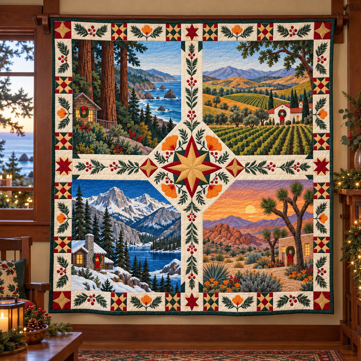 California Christmas Windows TD271026025 Quilt Blanket — hanging mockup