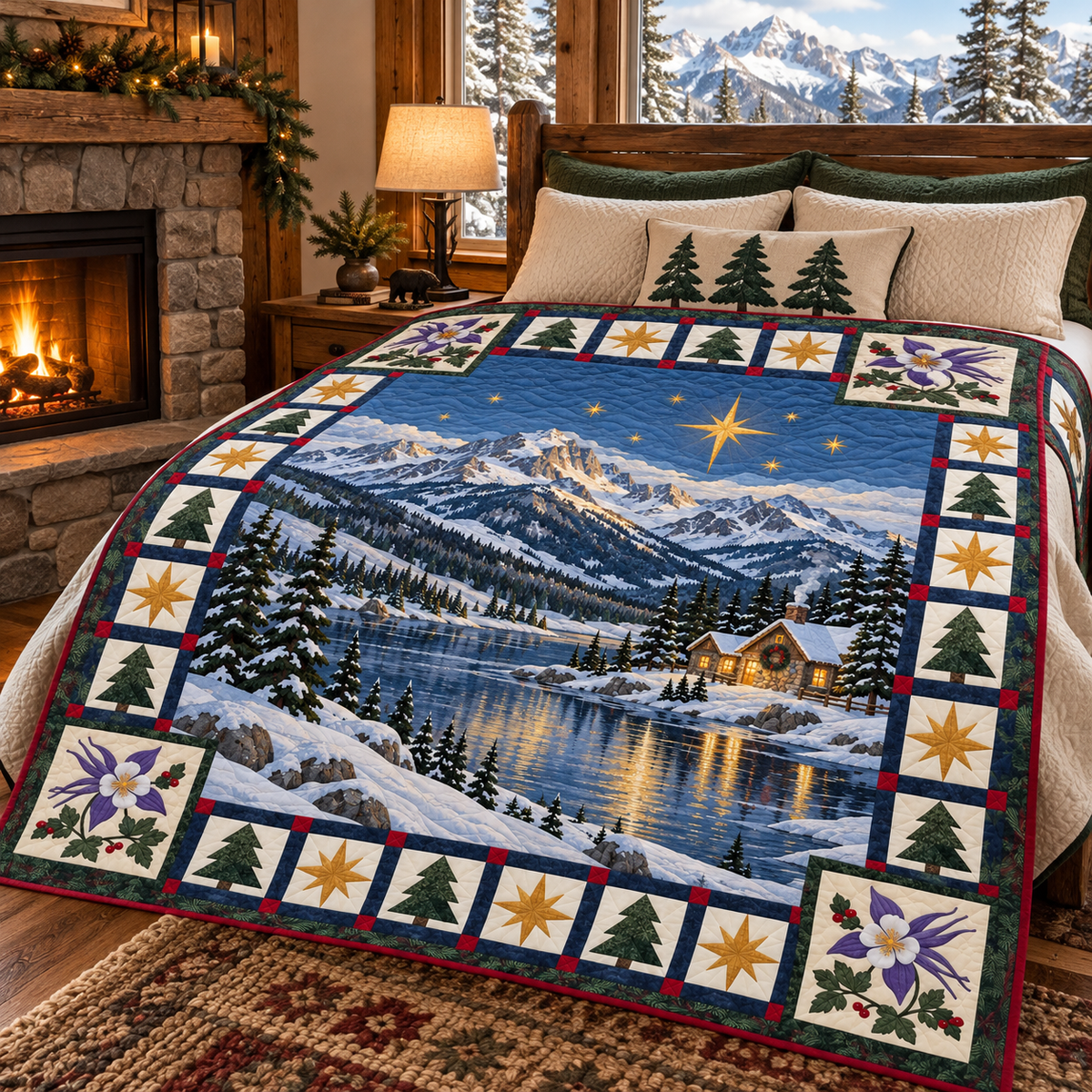 Alpine Columbine Christmas Eve TD271026026 Quilt Blanket — bed mockup