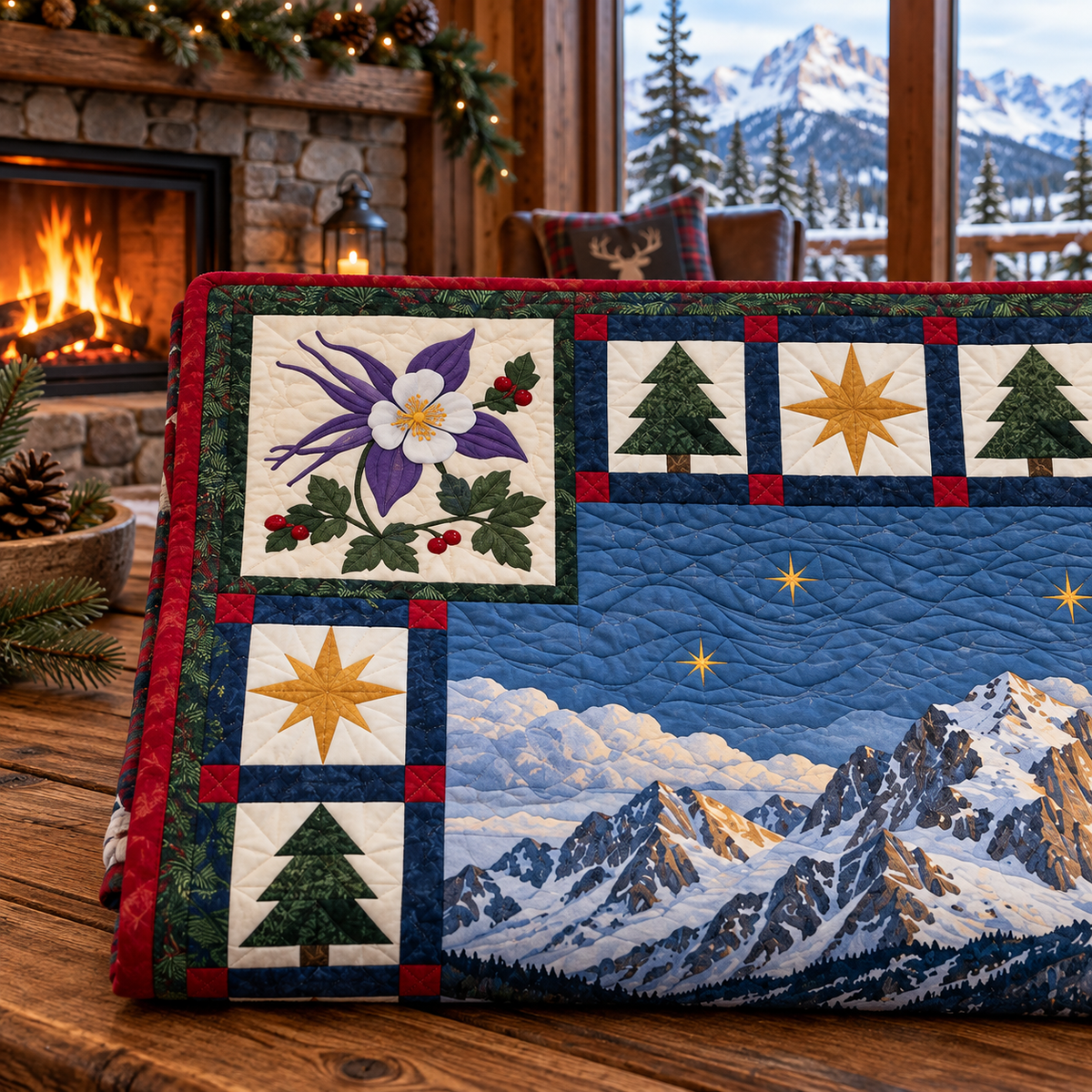 Alpine Columbine Christmas Eve TD271026026 Quilt Blanket — folded mockup