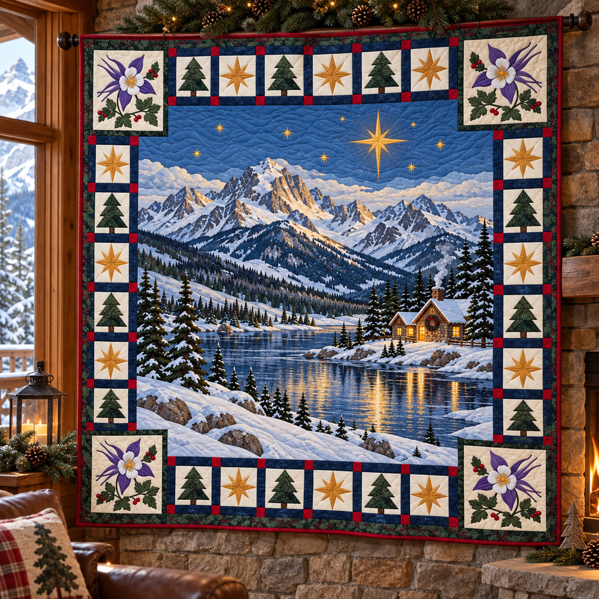 Alpine Columbine Christmas Eve TD271026026 Quilt Blanket — hanging mockup