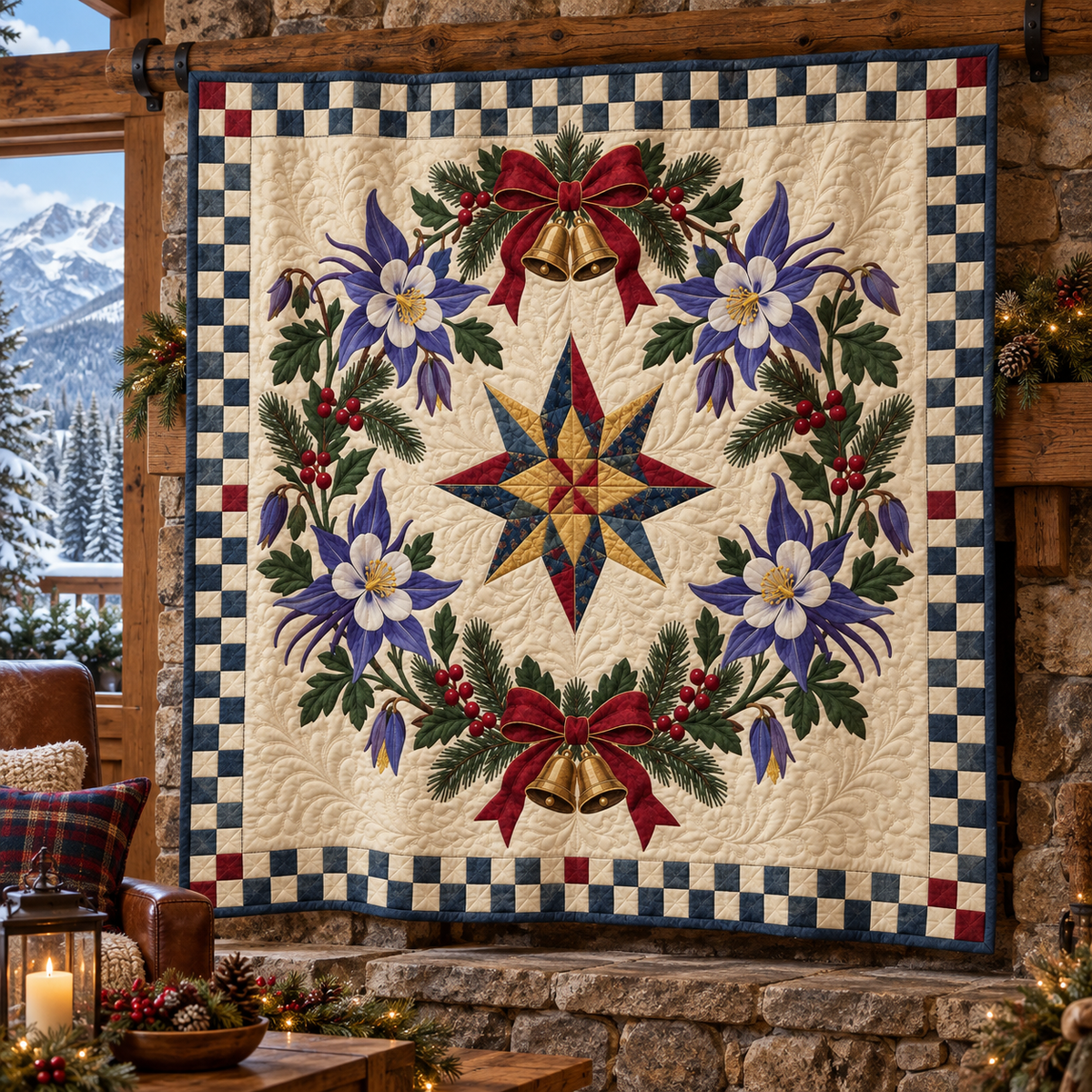 Rocky Mountain columbine Christmas Wreath TD271026027 Quilt Blanket — hanging mockup