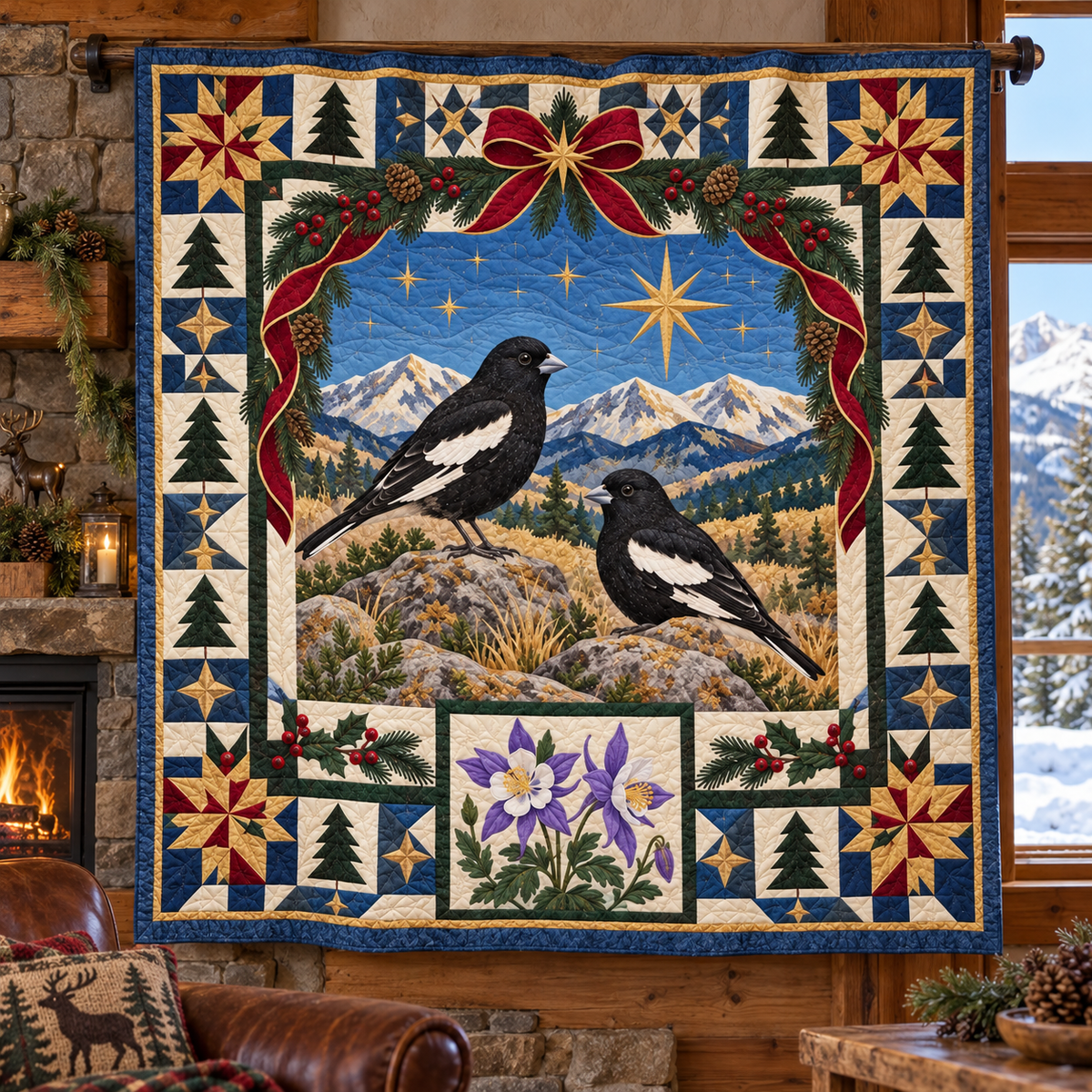 Prairie Wing and Alpine Sky Christmas Star TD271026028 Quilt Blanket — hanging mockup