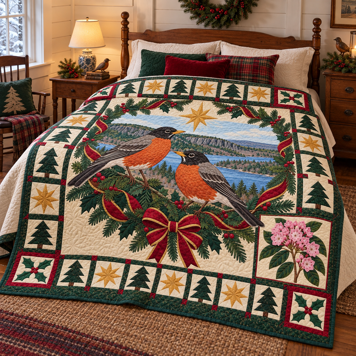 Robin on Laurel Ridge Christmas Star TD271026033 Quilt Blanket — bed mockup