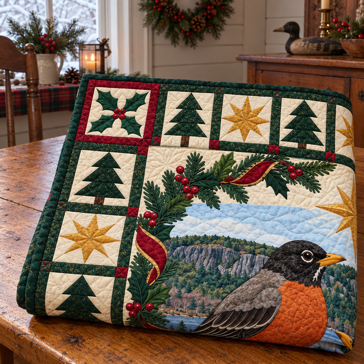 Robin on Laurel Ridge Christmas Star TD271026033 Quilt Blanket — folded mockup