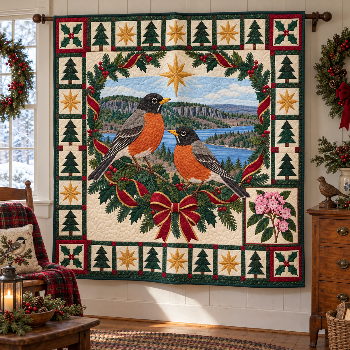 Robin on Laurel Ridge Christmas Star TD271026033 Quilt Blanket — hanging mockup