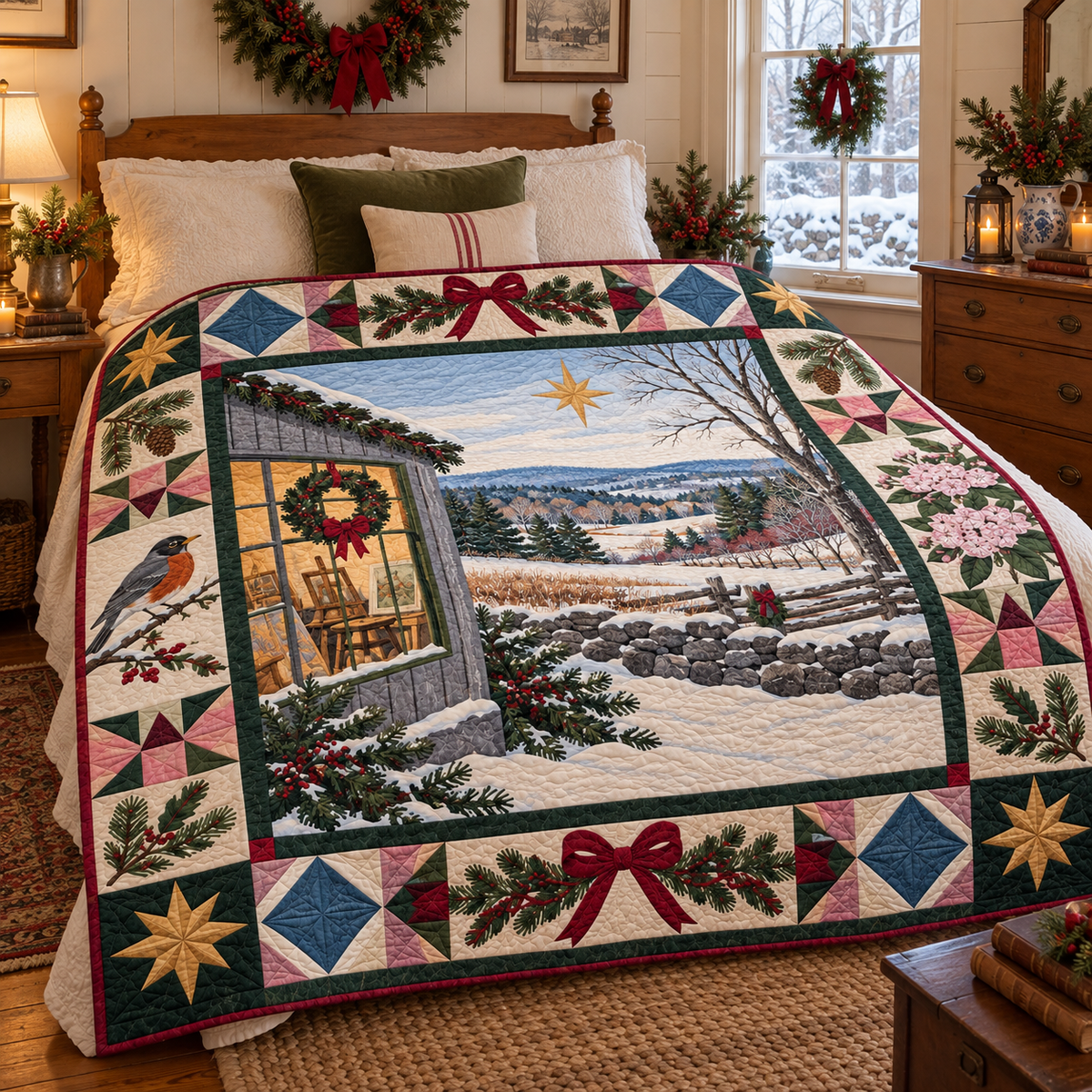 Weir Farm Light Christmas Homecoming TD271026034 Quilt Blanket — bed mockup