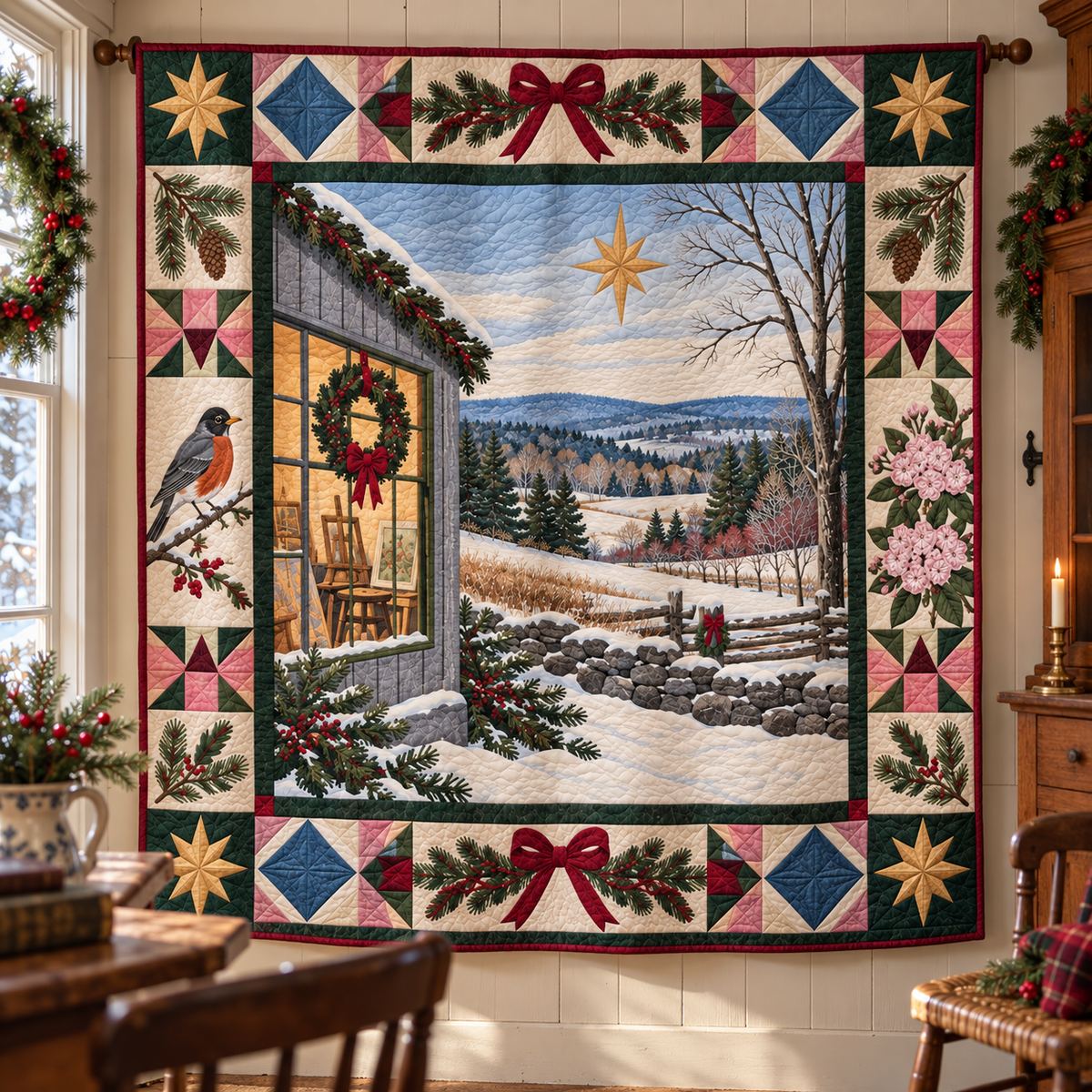 Weir Farm Light Christmas Homecoming TD271026034 Quilt Blanket — hanging mockup