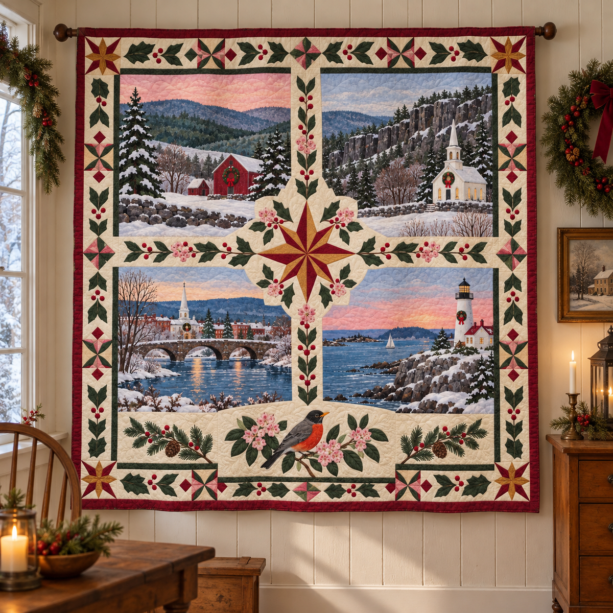 Connecticut Christmas Windows TD271026035 Quilt Blanket — hanging mockup