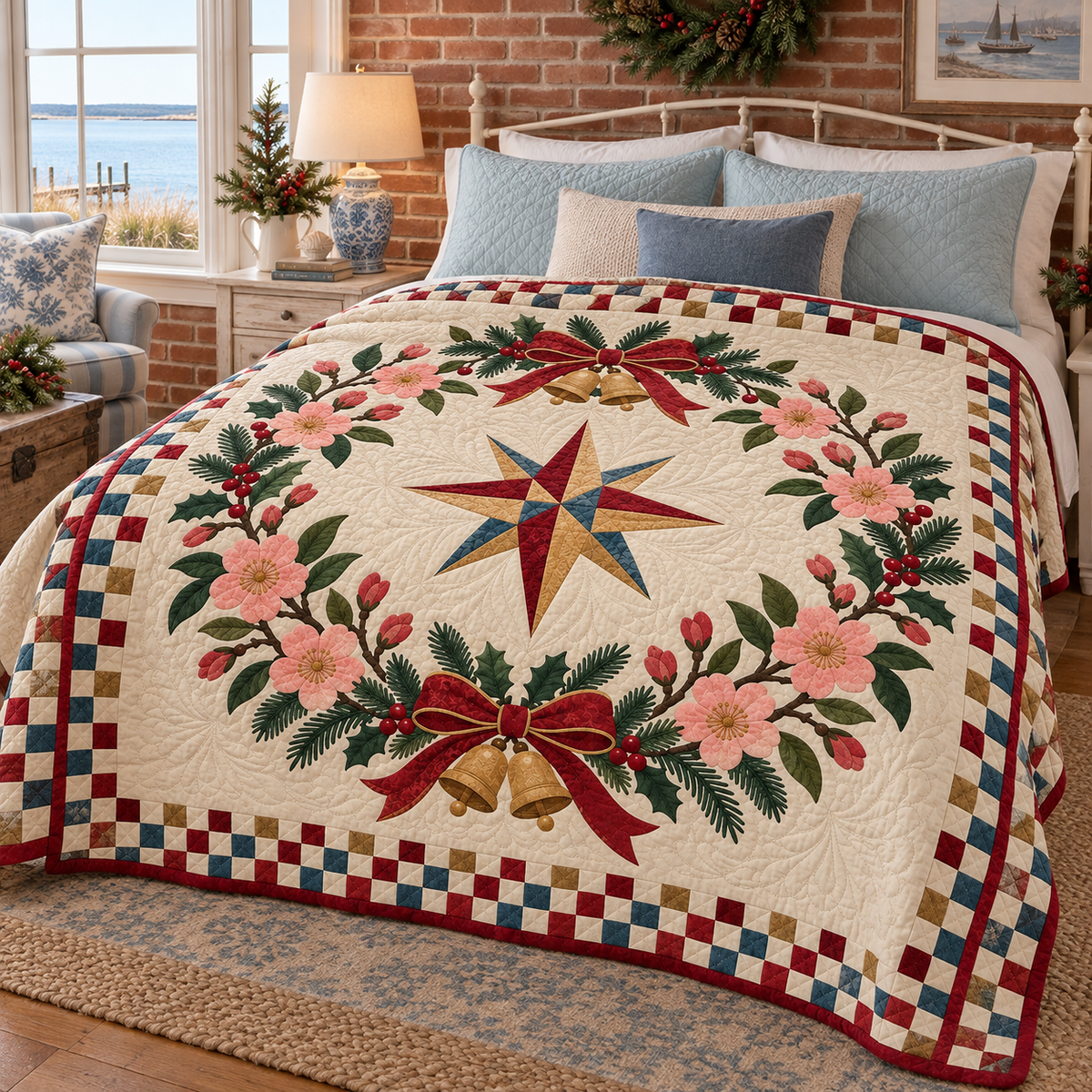 Peach blossom Christmas Wreath TD271026037 Quilt Blanket — bed mockup