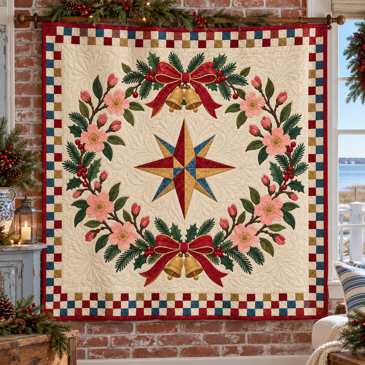 Peach blossom Christmas Wreath TD271026037 Quilt Blanket — hanging mockup