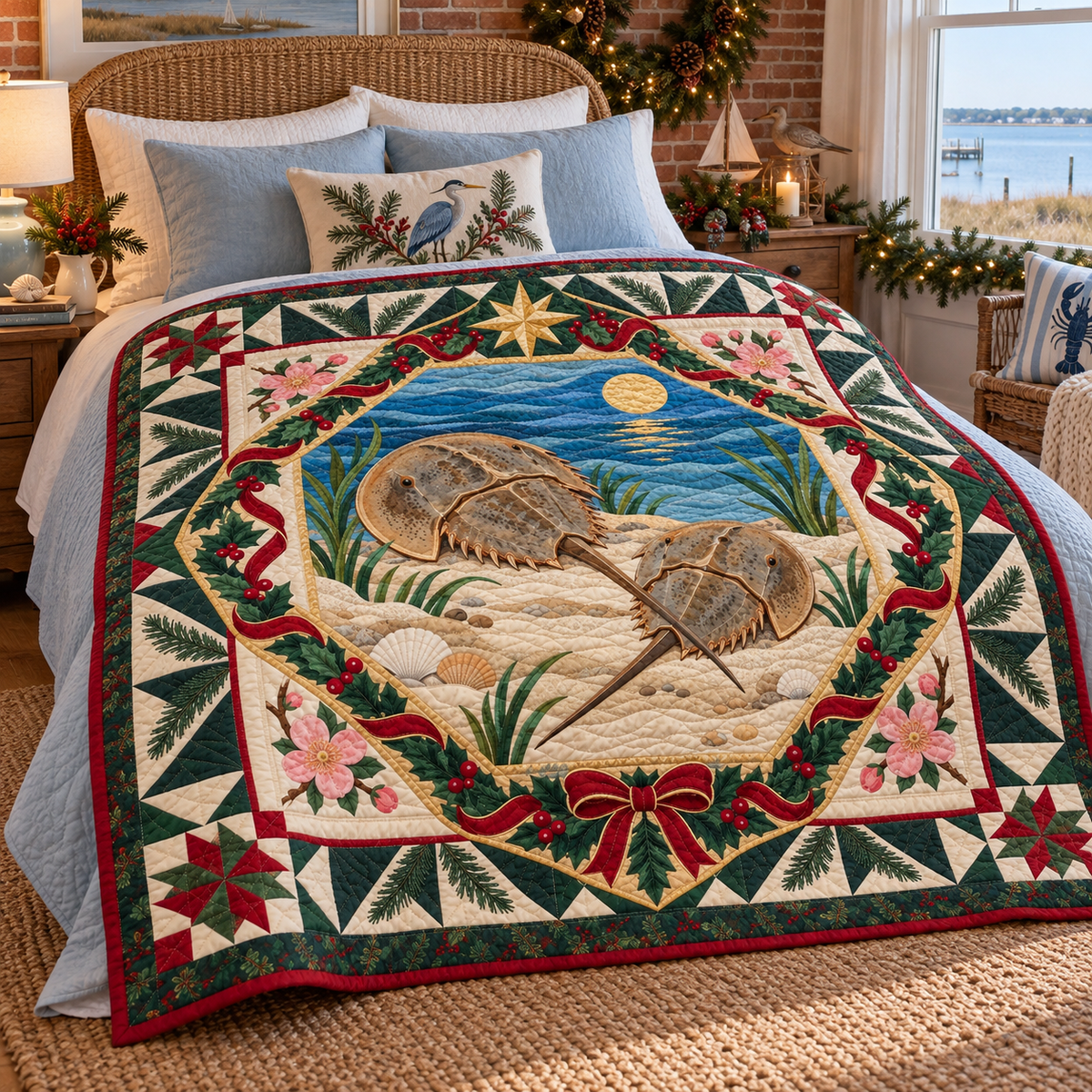 Bay Moon and Horseshoe Christmas Star TD271026038 Quilt Blanket — bed mockup