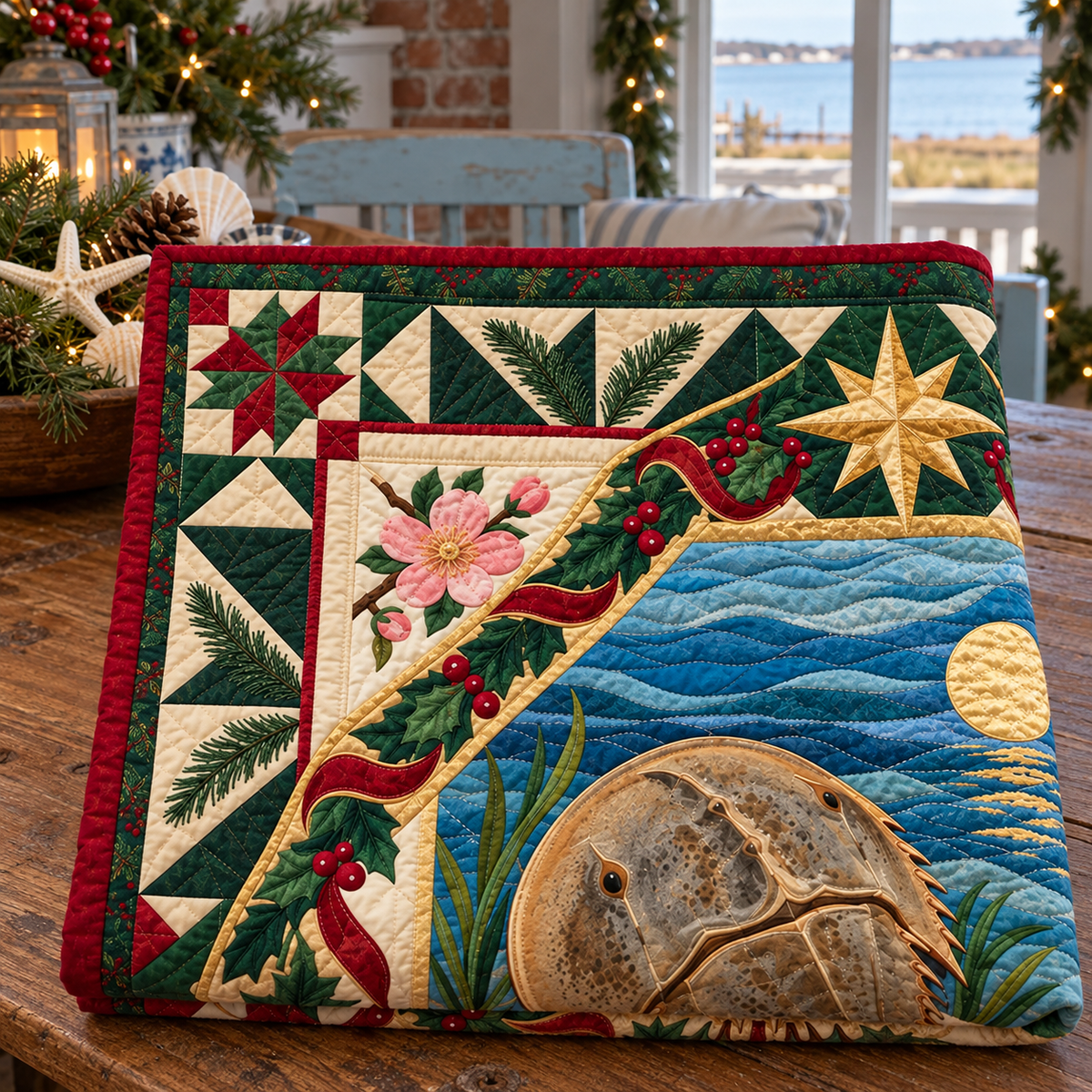 Bay Moon and Horseshoe Christmas Star TD271026038 Quilt Blanket — folded mockup