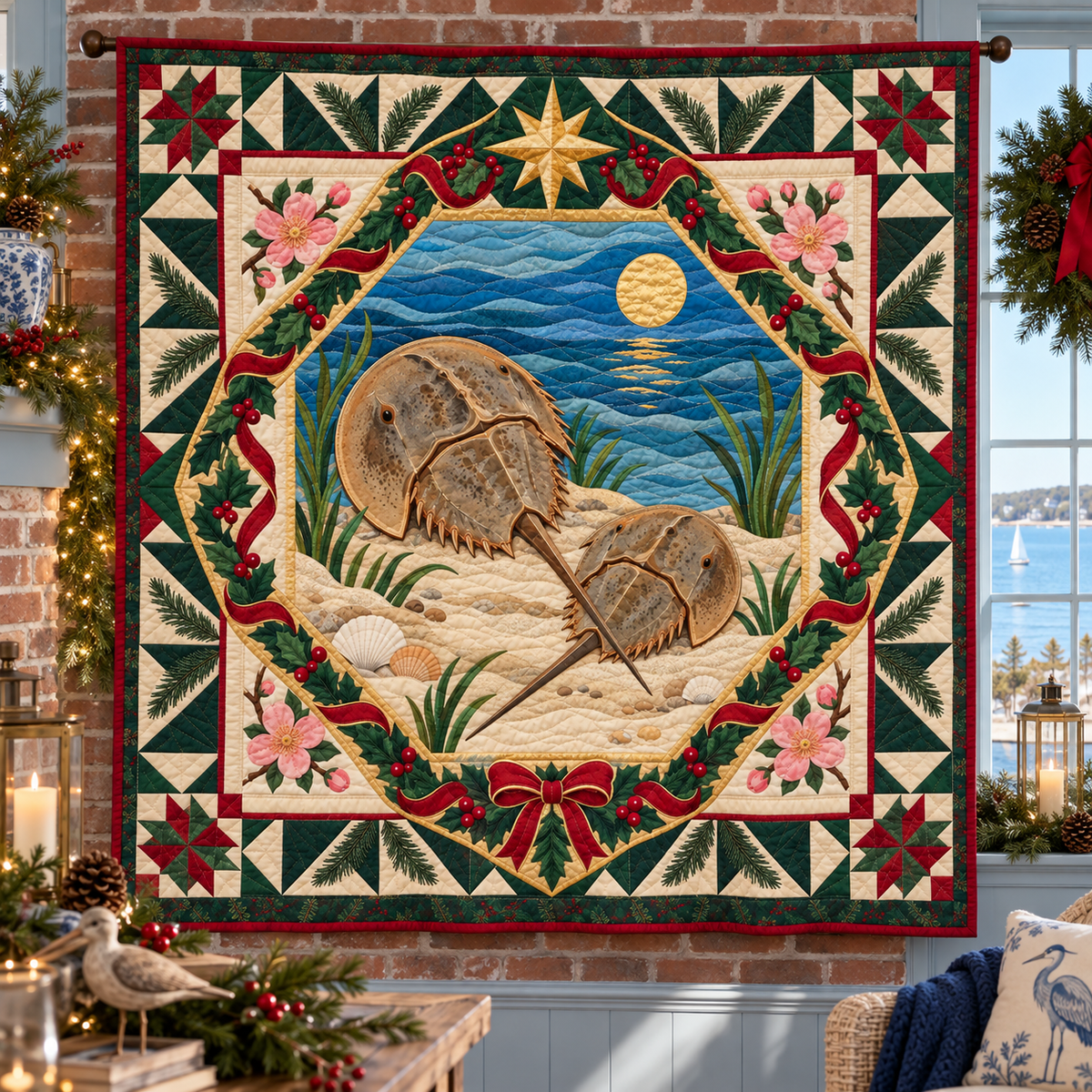 Bay Moon and Horseshoe Christmas Star TD271026038 Quilt Blanket — hanging mockup