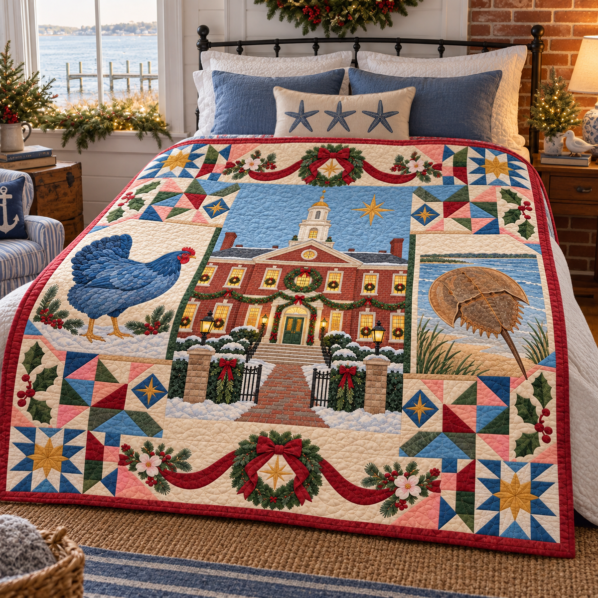 First State Courtyard Christmas Homecoming TD271026039 Quilt Blanket — bed mockup