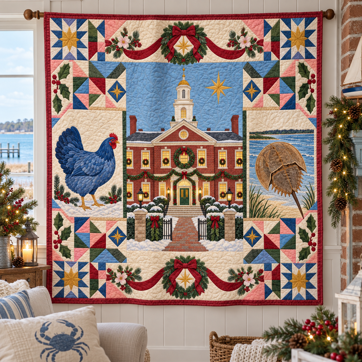 First State Courtyard Christmas Homecoming TD271026039 Quilt Blanket — hanging mockup