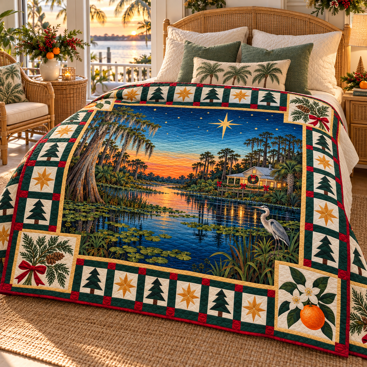 Citrus and Cypress Christmas Eve TD271026041 Quilt Blanket — bed mockup