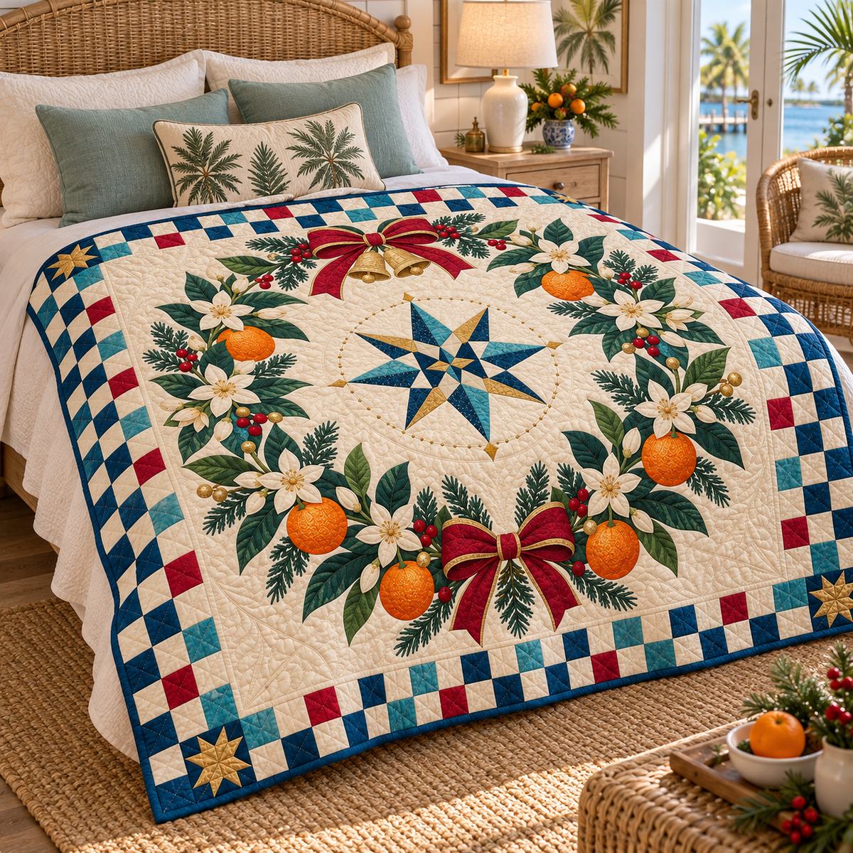 Orange blossom Christmas Wreath TD271026042 Quilt Blanket — bed mockup