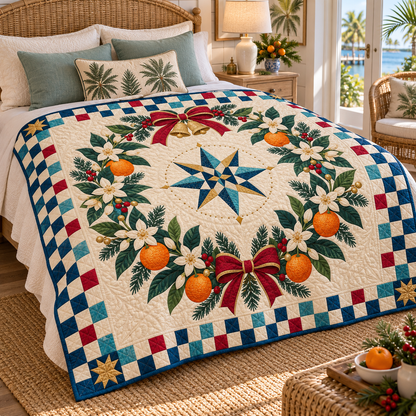 Orange blossom Christmas Wreath TD271026042 Quilt Blanket — bed mockup