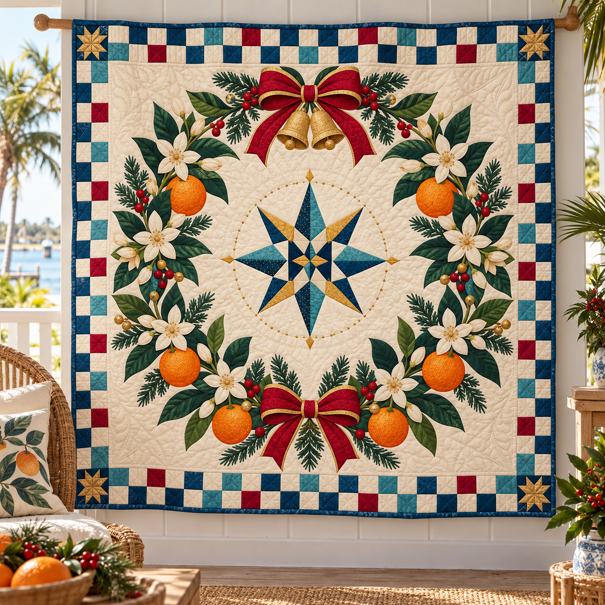 Orange blossom Christmas Wreath TD271026042 Quilt Blanket — hanging mockup