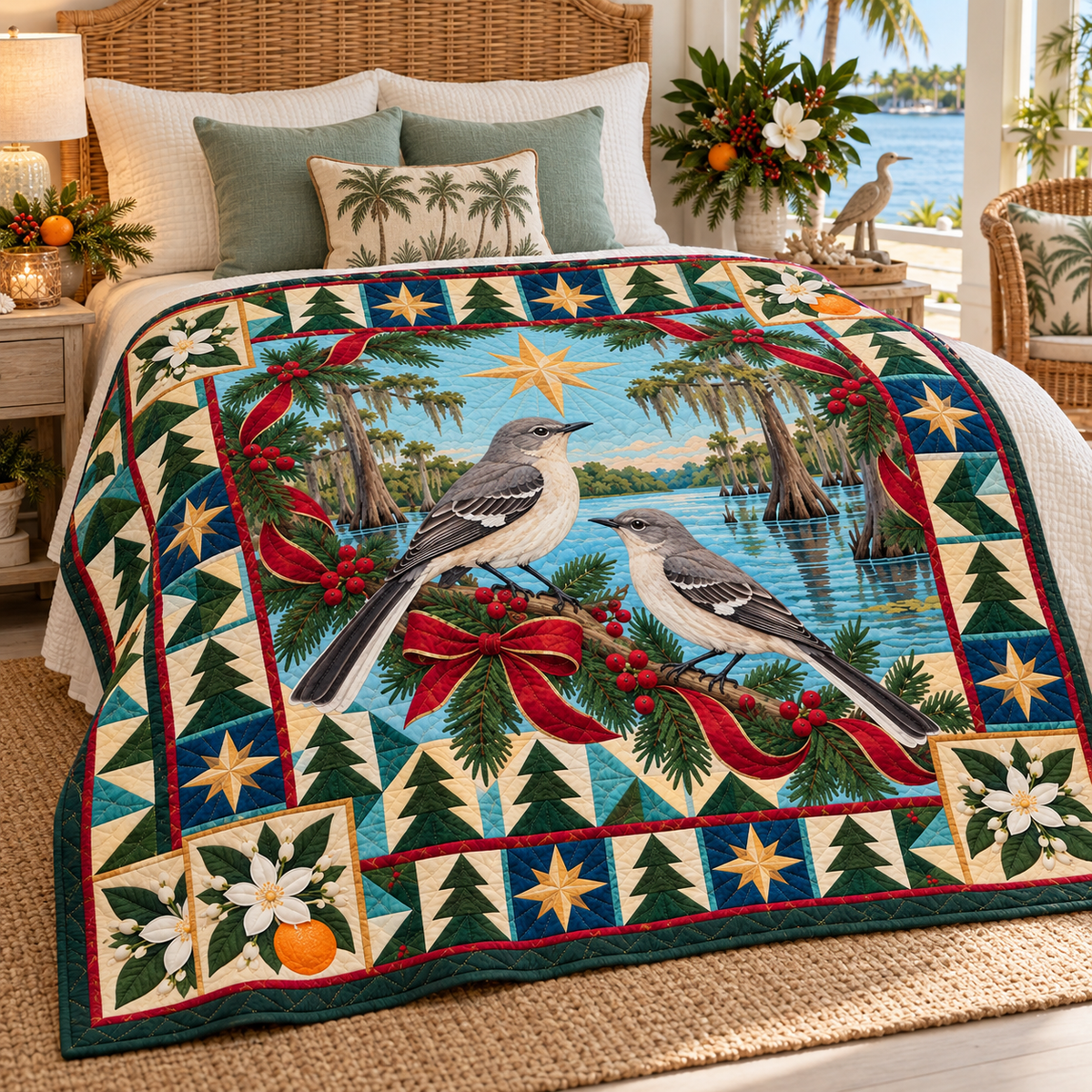 Cypress Morning Song Christmas Star TD271026043 Quilt Blanket — bed mockup