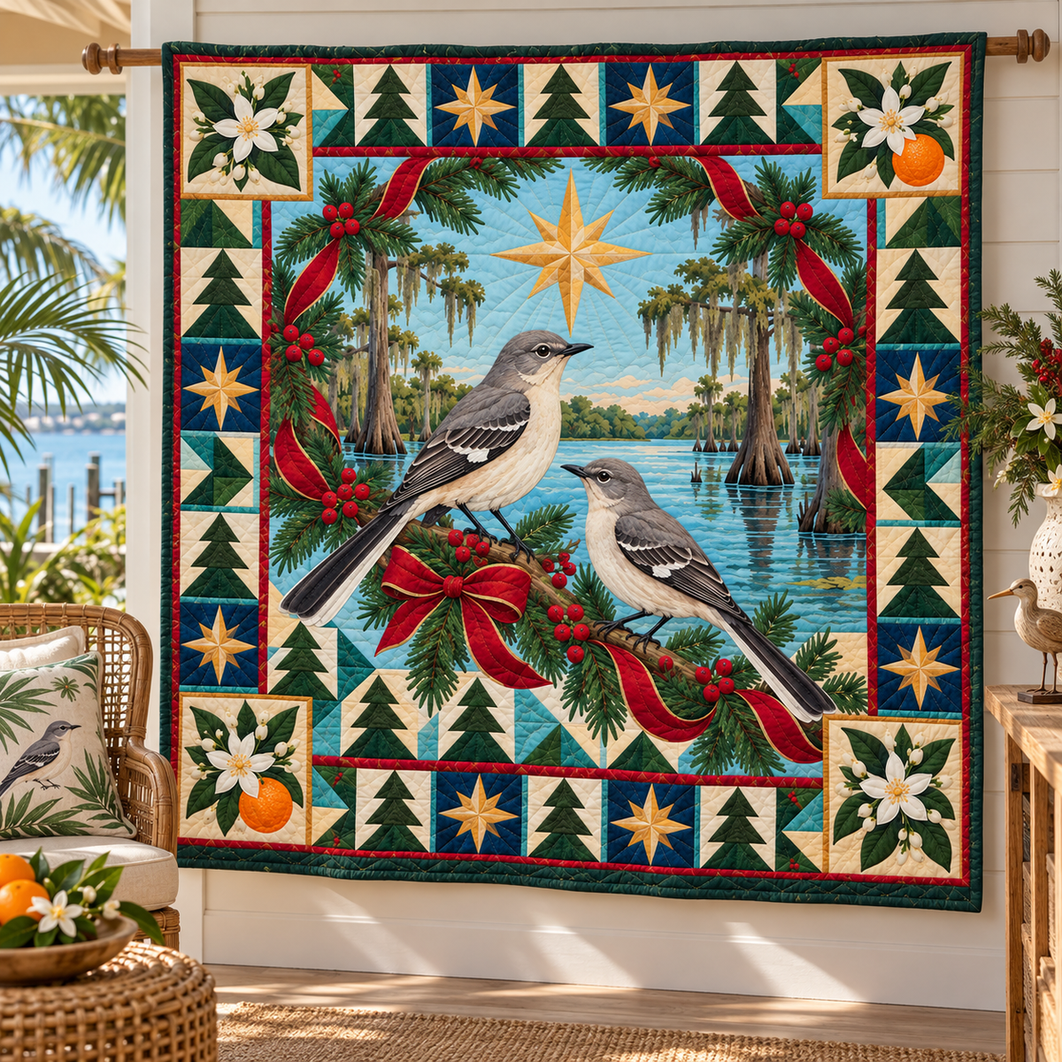 Cypress Morning Song Christmas Star TD271026043 Quilt Blanket — hanging mockup