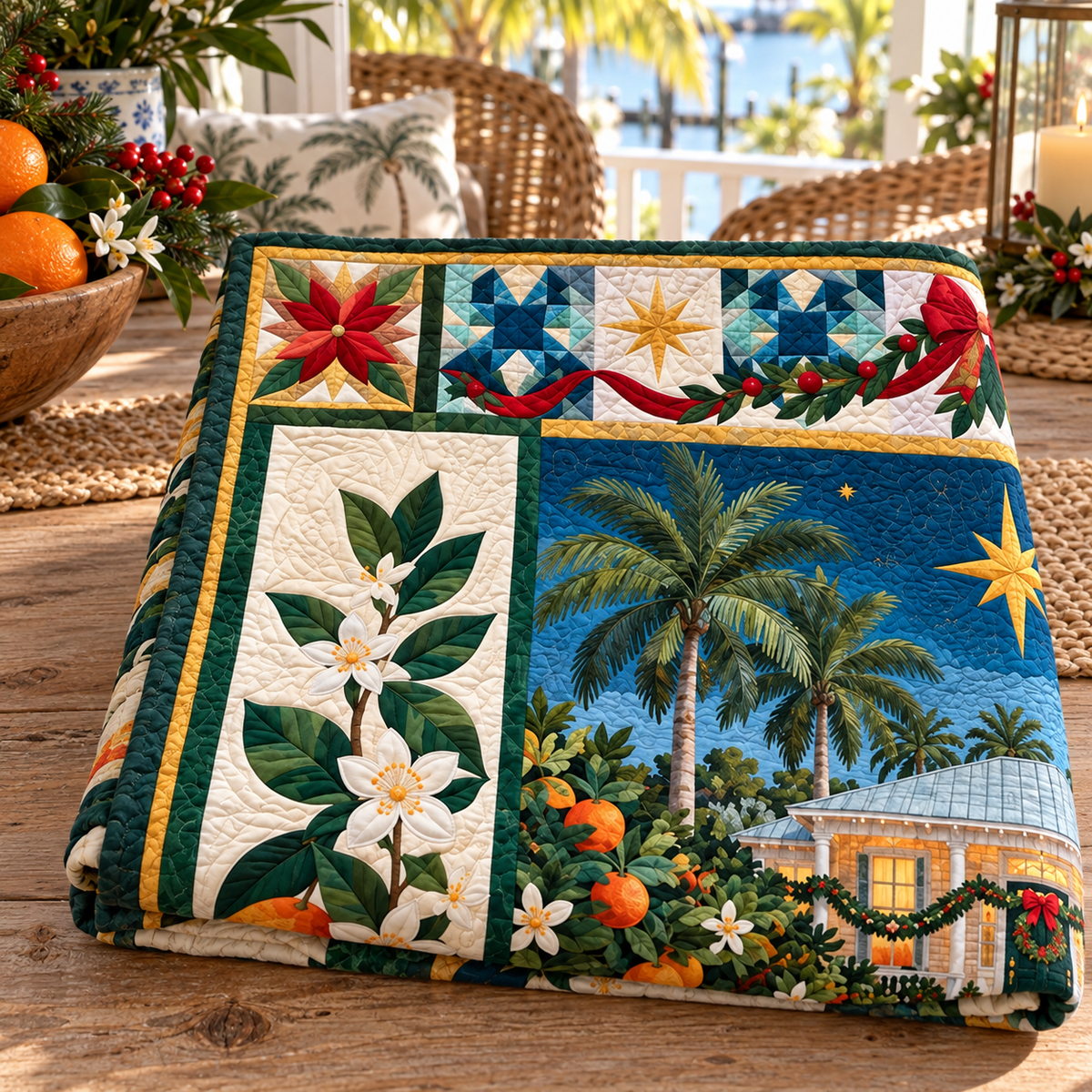 Citrus Courtyard Christmas Homecoming TD271026044 Quilt Blanket — folded mockup