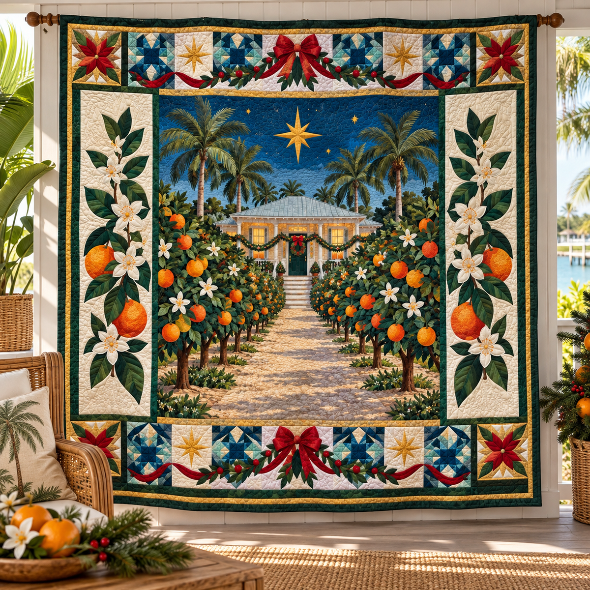 Citrus Courtyard Christmas Homecoming TD271026044 Quilt Blanket — hanging mockup