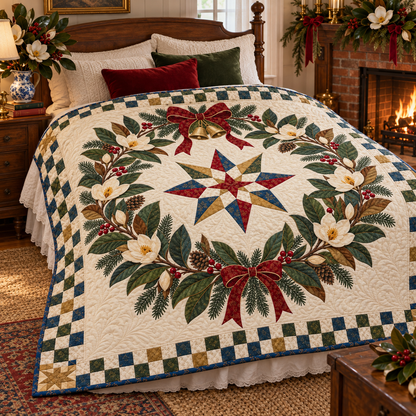 Sweetbay magnolia Christmas Wreath TD271026047 Quilt Blanket — bed mockup