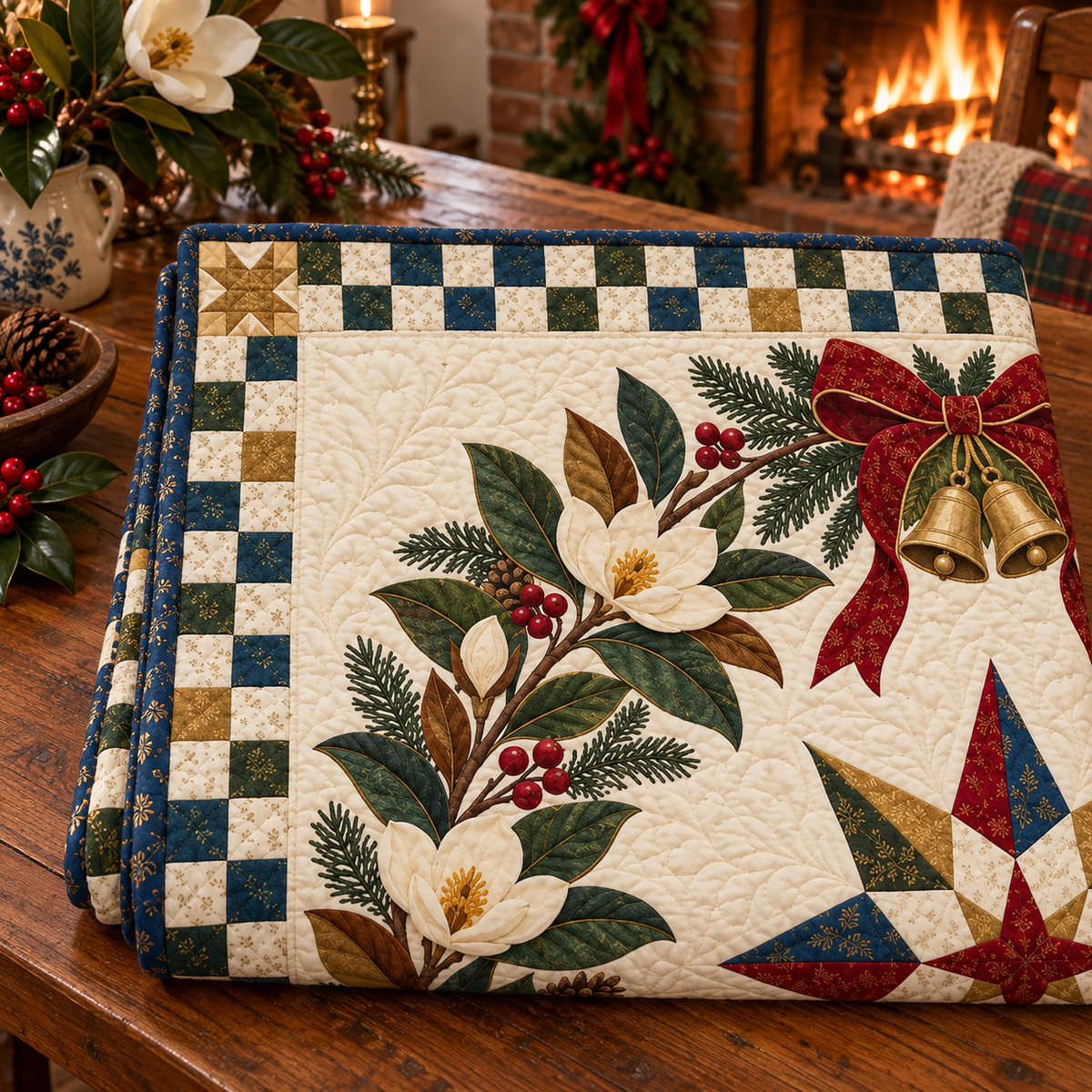 Sweetbay magnolia Christmas Wreath TD271026047 Quilt Blanket — folded mockup