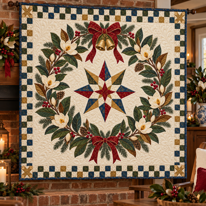 Sweetbay magnolia Christmas Wreath TD271026047 Quilt Blanket — hanging mockup