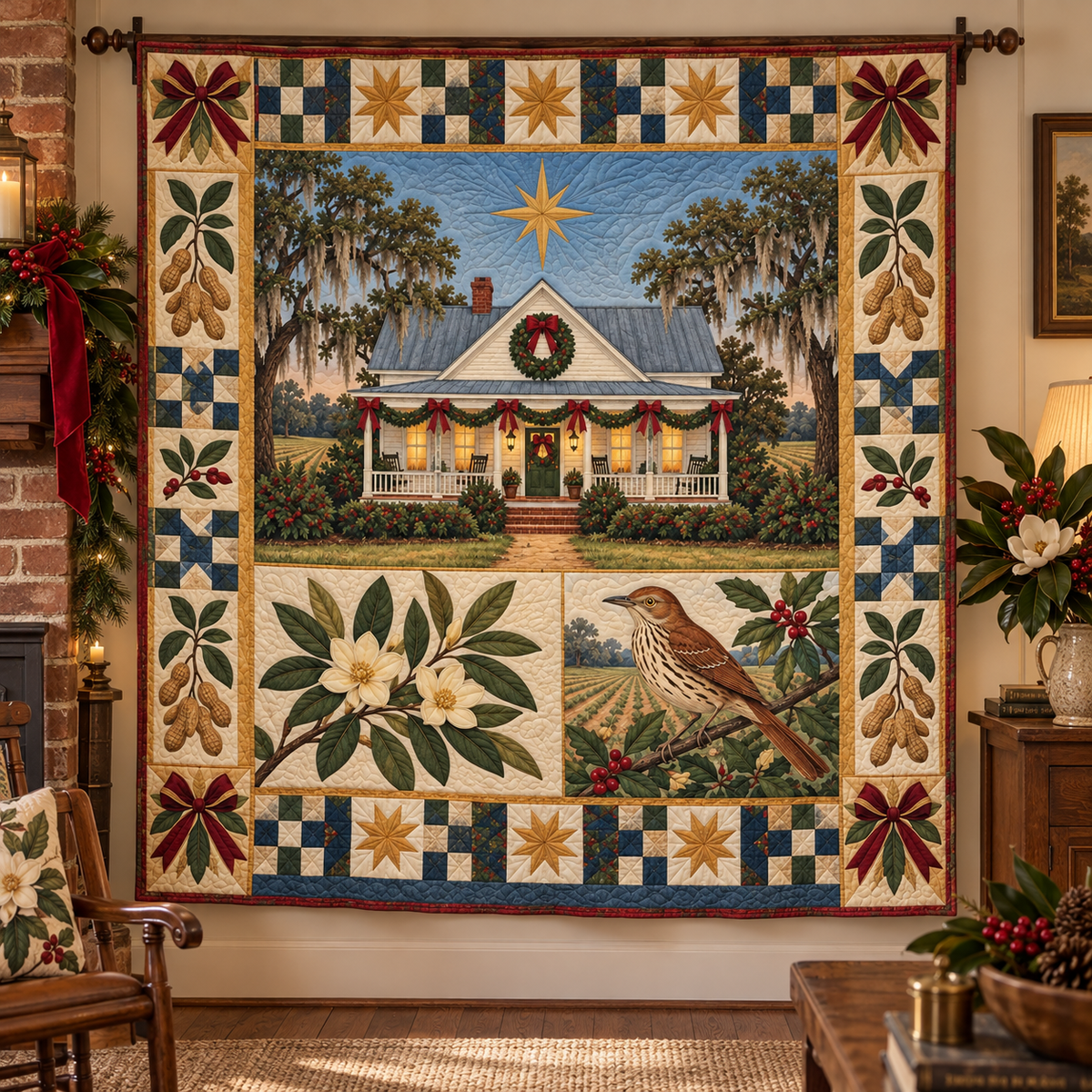 Plains Garden Patch Christmas Homecoming TD271026049 Quilt Blanket — hanging mockup