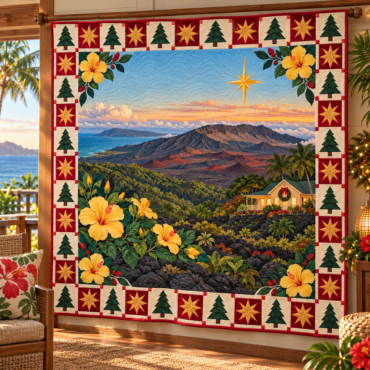 Island Hibiscus Light Christmas Eve TD271026051 Quilt Blanket — hanging mockup
